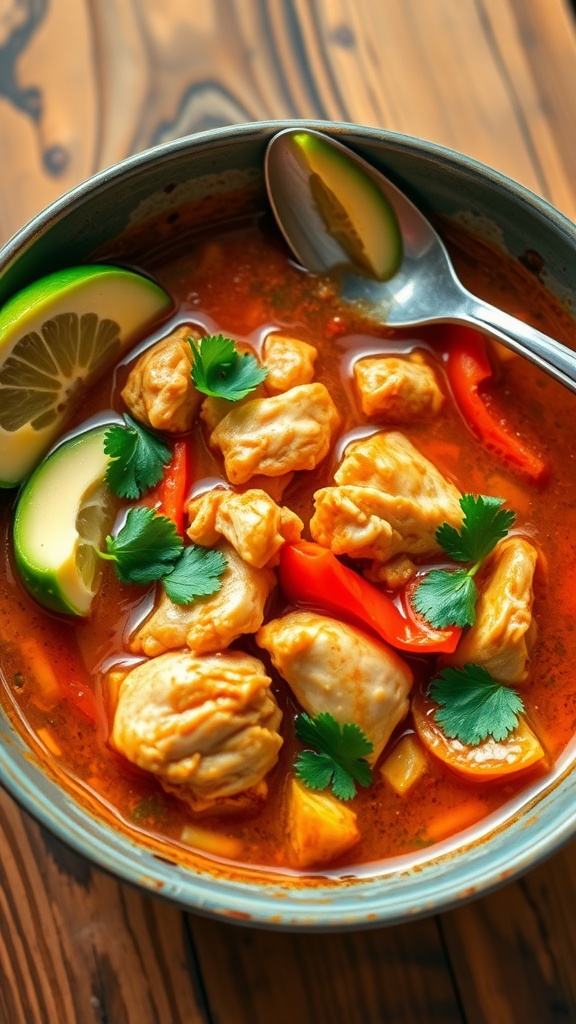 A bowl of chicken fajitas soup with chicken, bell peppers, and garnished with avocado and cilantro on a wooden table.